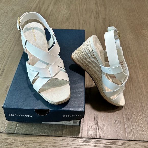 Cole Haan Crystal Leather Wedge Strappy Sandal White Size 6.5 - Picture 4 of 13